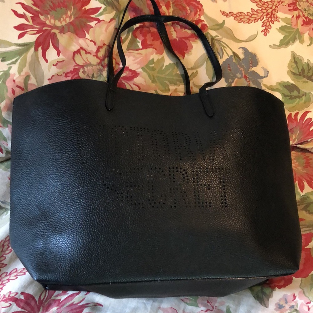 VICTORIA SECRET ToteBag Dual Handle Perforated Spell-Out Black + Silver $59 NEW